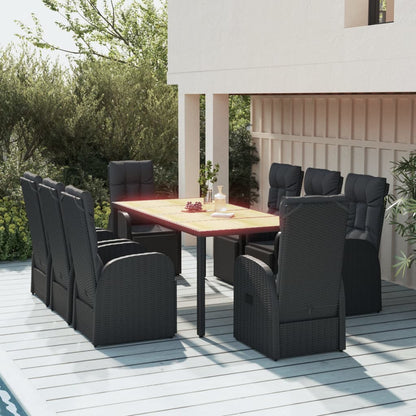 Set Pranzo Giardino 9pz Nero Polyrattan e Legno Massello Acacia | homemem39