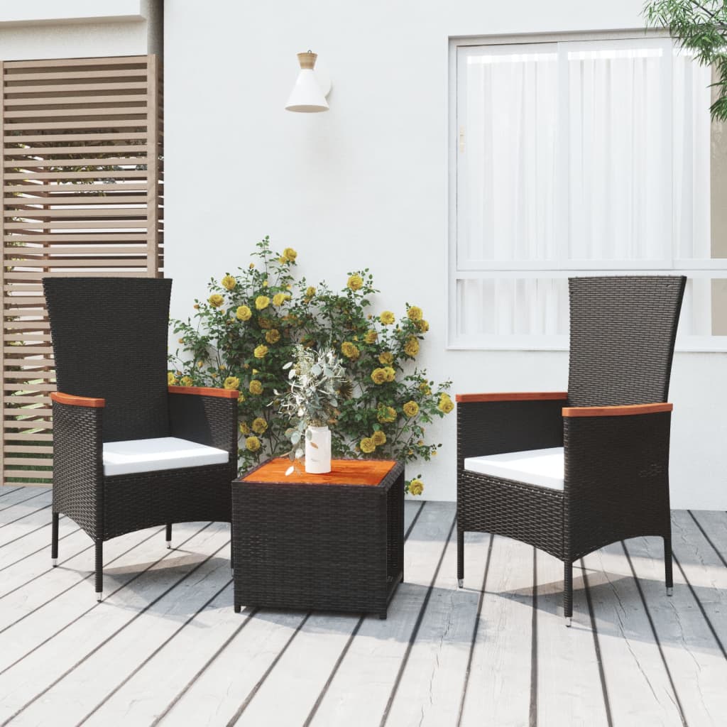Set Mobili Giardino 3pz Nero Polyrattan e Legno Massello Acacia | homemem39