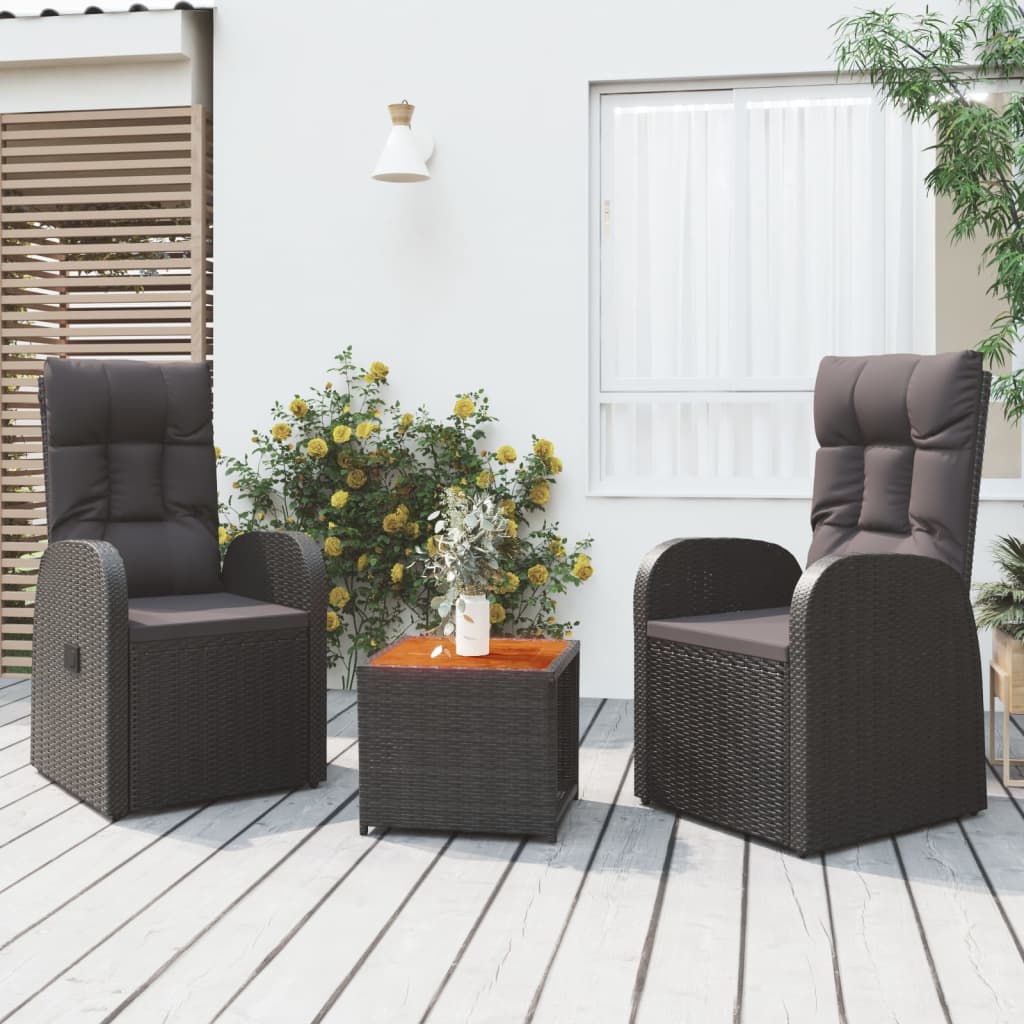 Set Mobili Giardino 3pz Nero Polyrattan e Legno Massello Acacia | homemem39