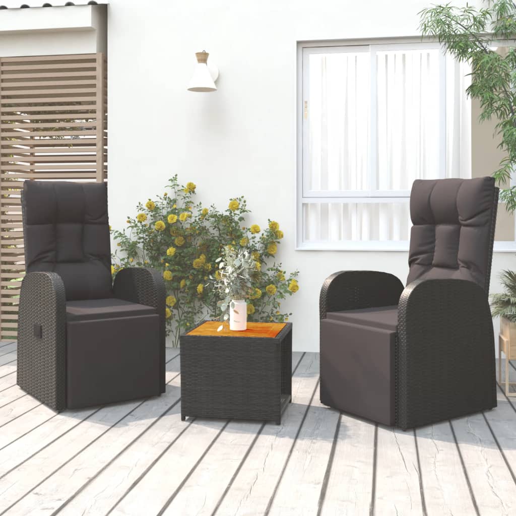 Set Mobili Giardino 3pz Nero Polyrattan e Legno Massello Acacia | homemem39