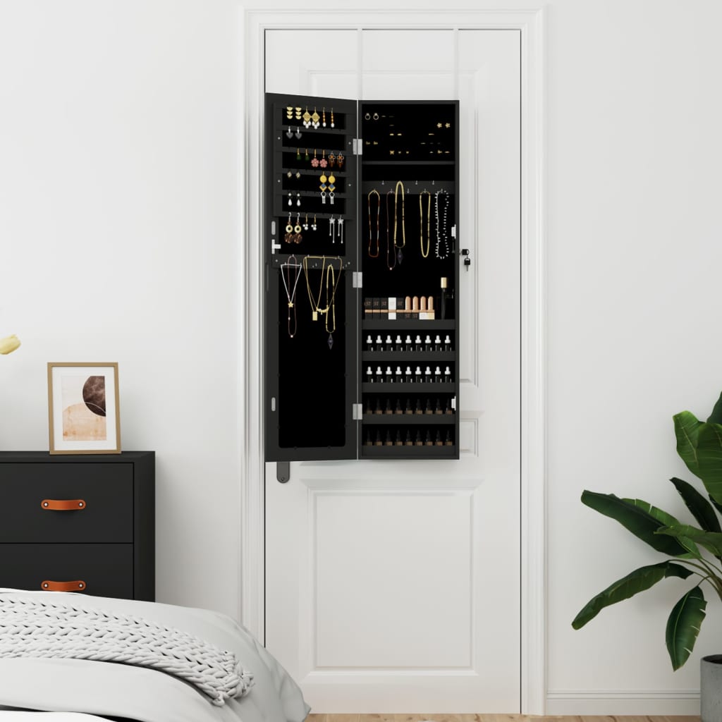 Armadio Portagioie con Specchio a Muro Nero 30x8,5x106 cm | homemem39