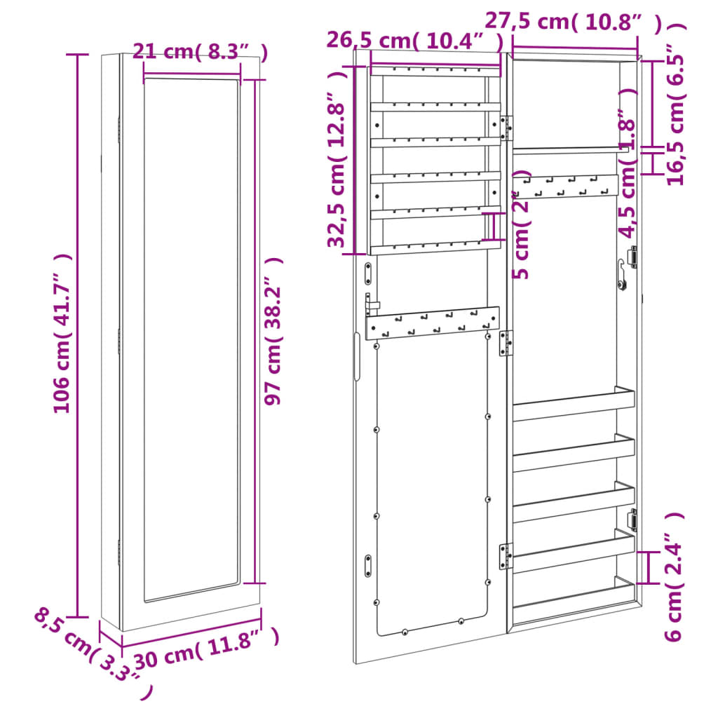 Armadio Portagioie con Specchio a Muro Nero 30x8,5x106 cm | homemem39
