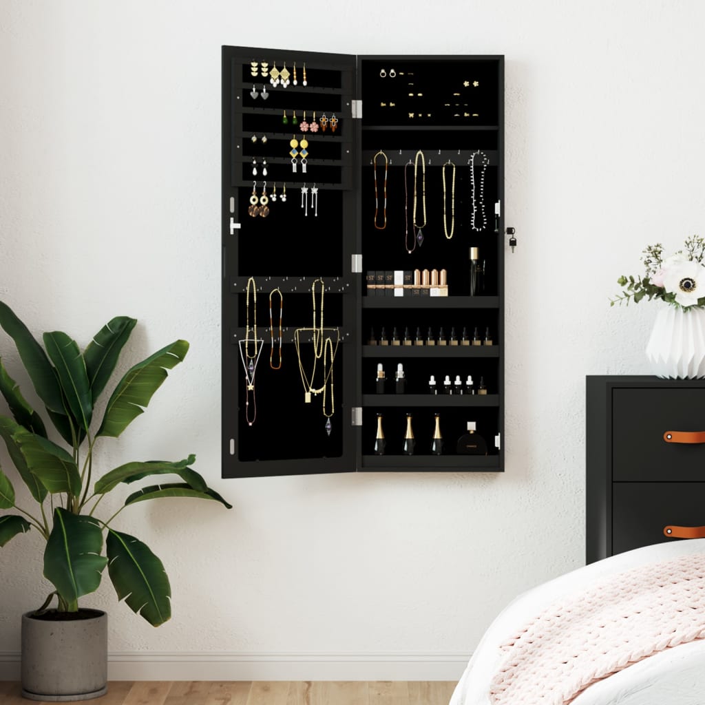 Armadio Portagioie con Specchio a Muro Nero 37,5x10x106 cm | homemem39