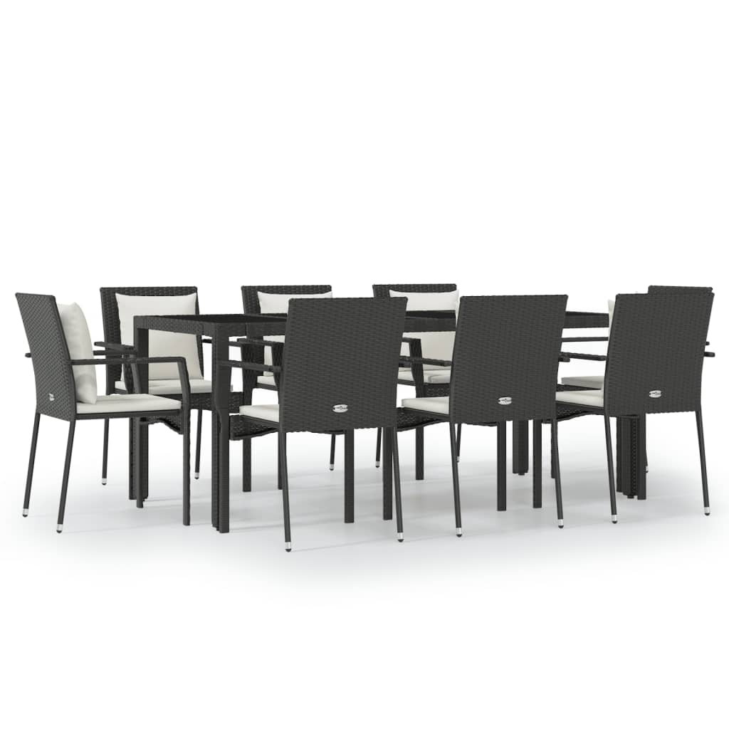 Set da Pranzo da Giardino 9 pz con Cuscini Nero in Polyrattan - homemem39