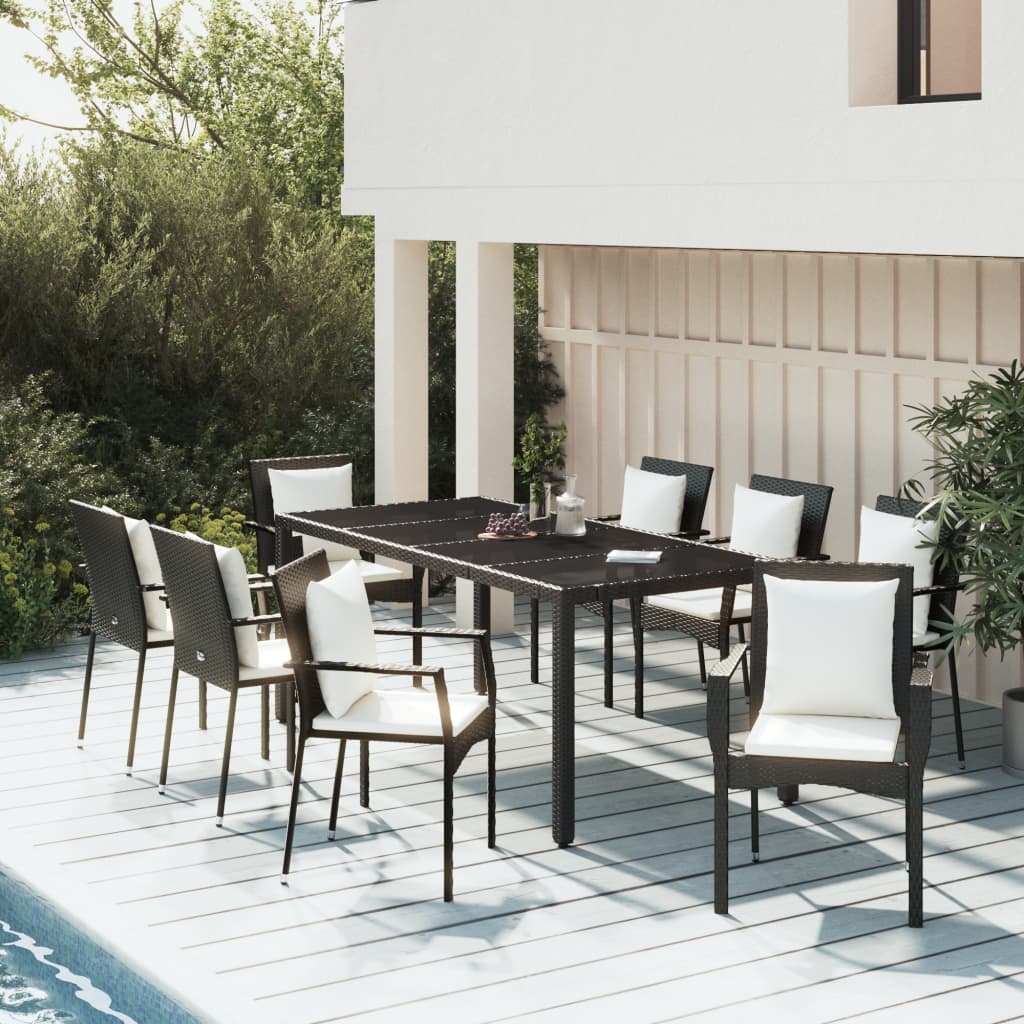 Set da Pranzo da Giardino 9 pz con Cuscini Nero in Polyrattan | homemem39