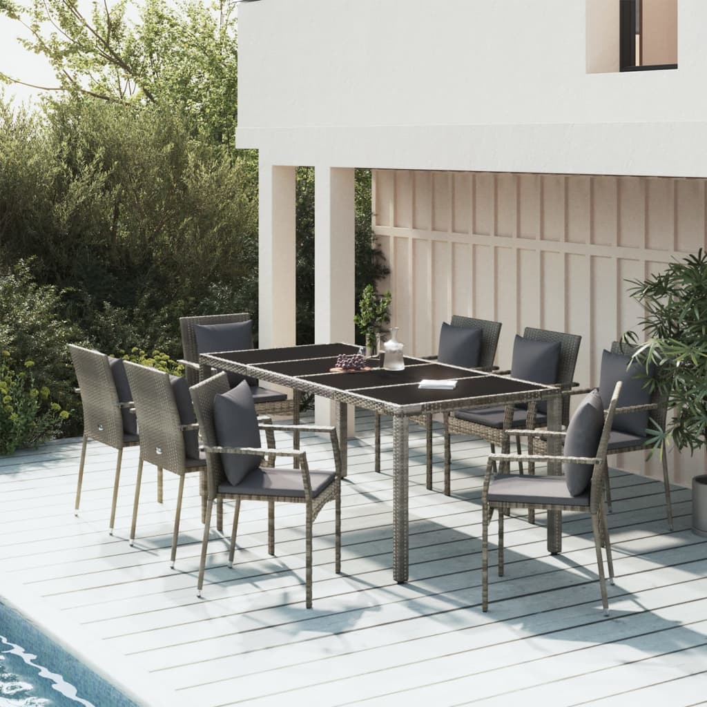Set da Pranzo da Giardino 9 pz con Cuscini in Polyrattan Grigio - homemem39