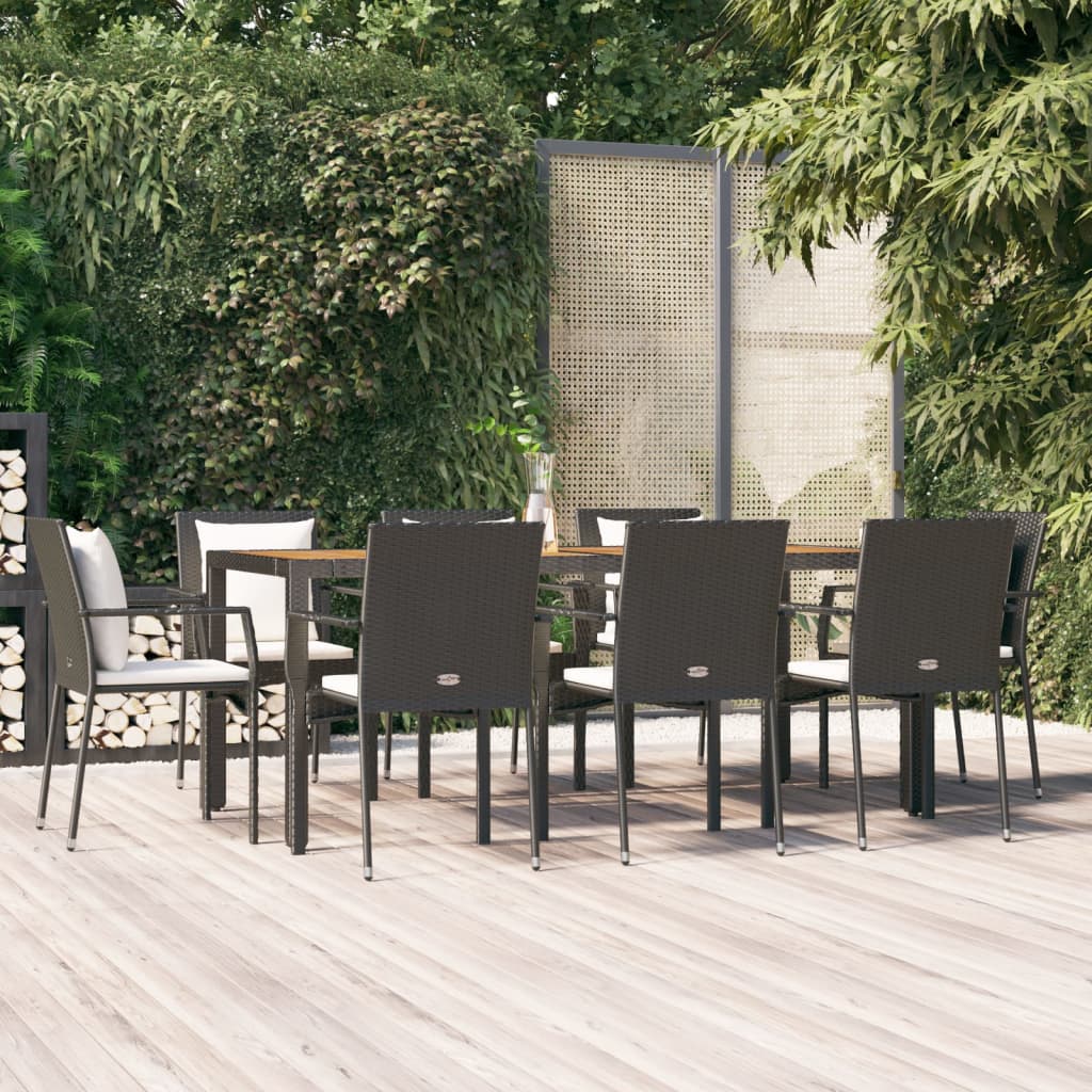 Set da Pranzo da Giardino 9 pz con Cuscini Nero in Polyrattan | homemem39