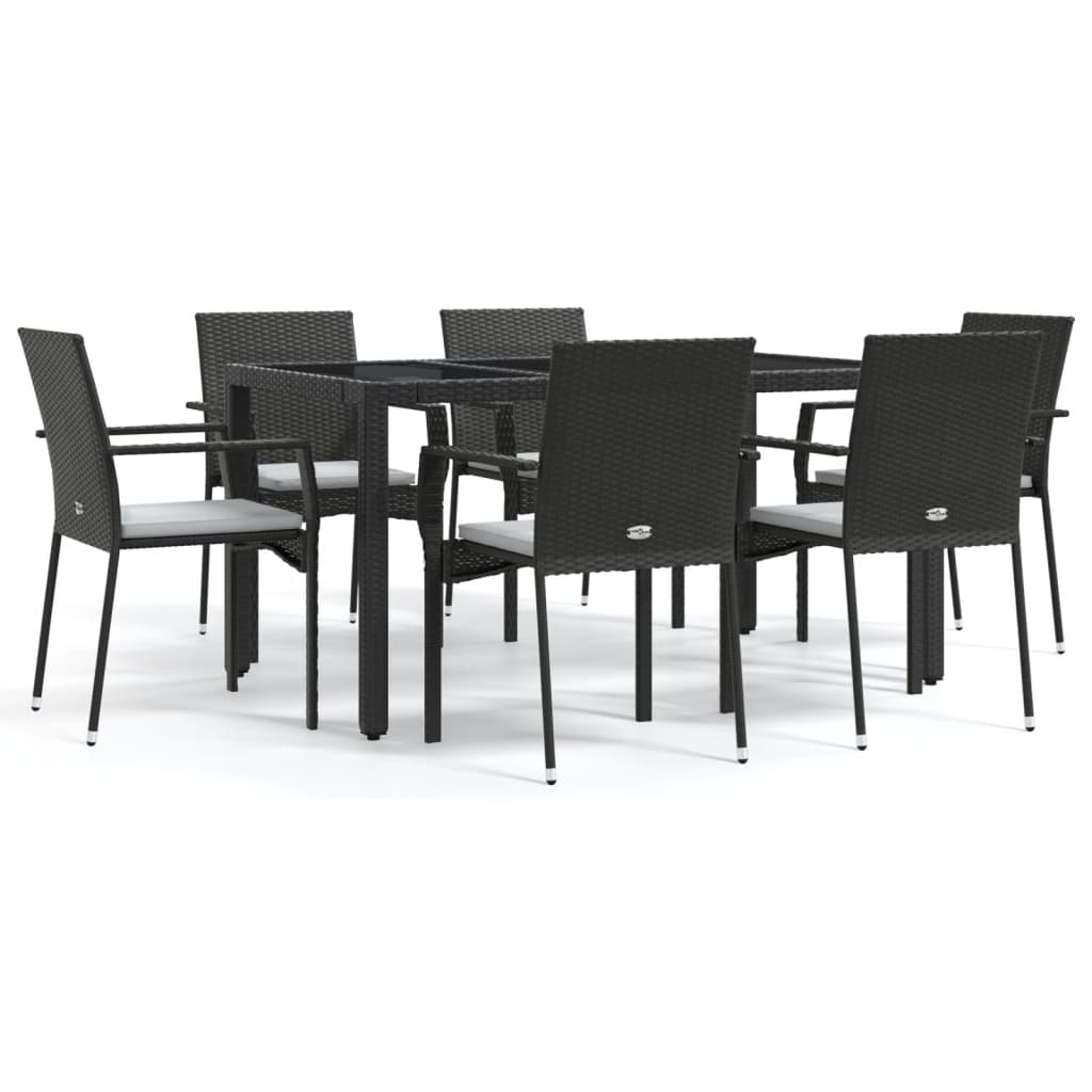 Set da Pranzo da Giardino 7 pz Nero con Cuscini in Polyrattan - homemem39