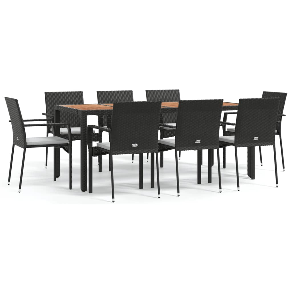 Set da Pranzo da Giardino 9 pz con Cuscini Nero in Polyrattan