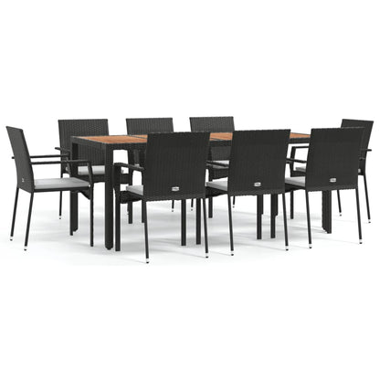 Set da Pranzo da Giardino 9 pz con Cuscini Nero in Polyrattan