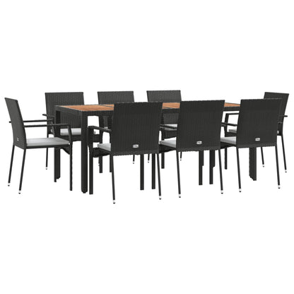 Set da Pranzo da Giardino 9 pz con Cuscini Nero in Polyrattan