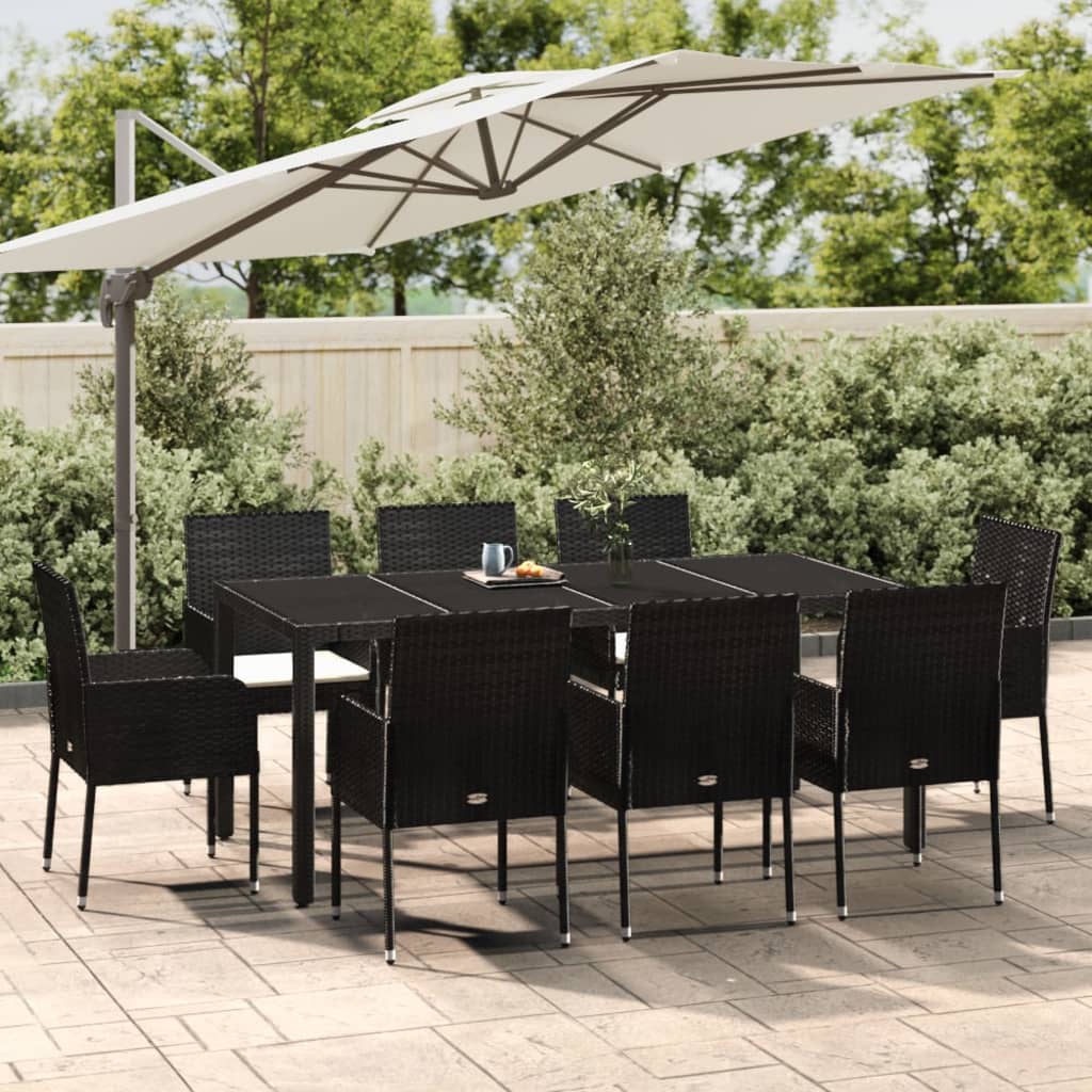 Set da Pranzo da Giardino 9 pz con Cuscini Nero in Polyrattan | homemem39