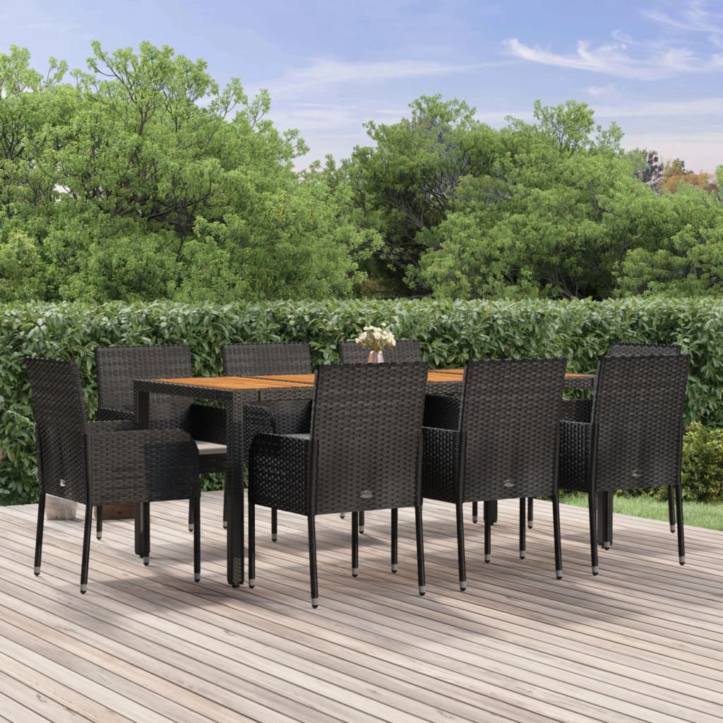 Set da Pranzo da Giardino 9 pz con Cuscini Nero in Polyrattan | homemem39