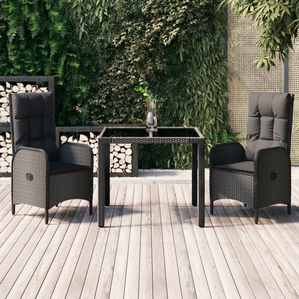 Set da Pranzo da Giardino 3 pz con Cuscini Nero in Polyrattan | homemem39