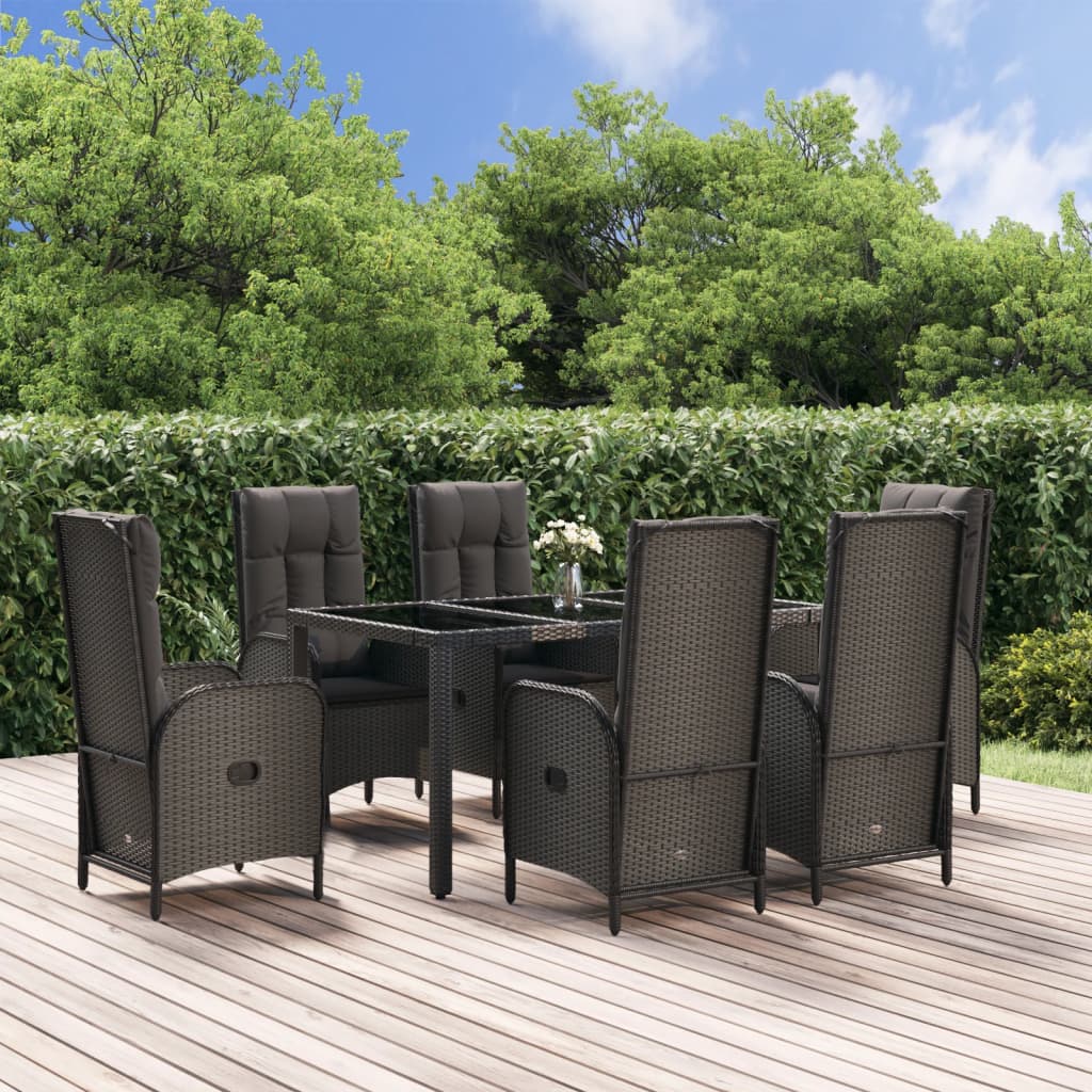 Set da Pranzo Giardino 7pz Nero e Grigio con Cuscini Polyrattan - homemem39