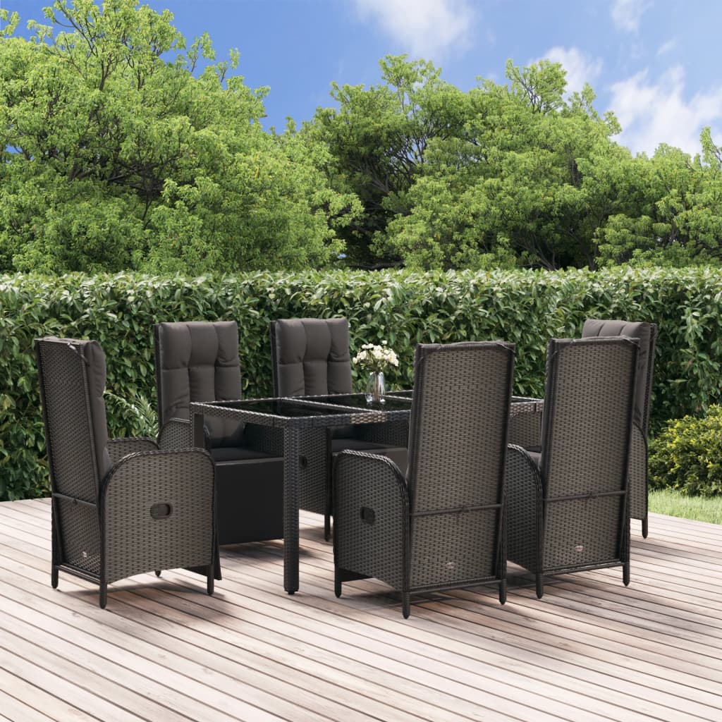 Set da Pranzo Giardino 7pz Nero e Grigio con Cuscini Polyrattan | homemem39