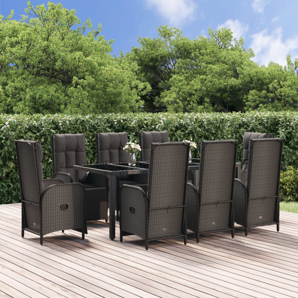 Set da Pranzo da Giardino 9 pz con Cuscini Nero in Polyrattan | homemem39