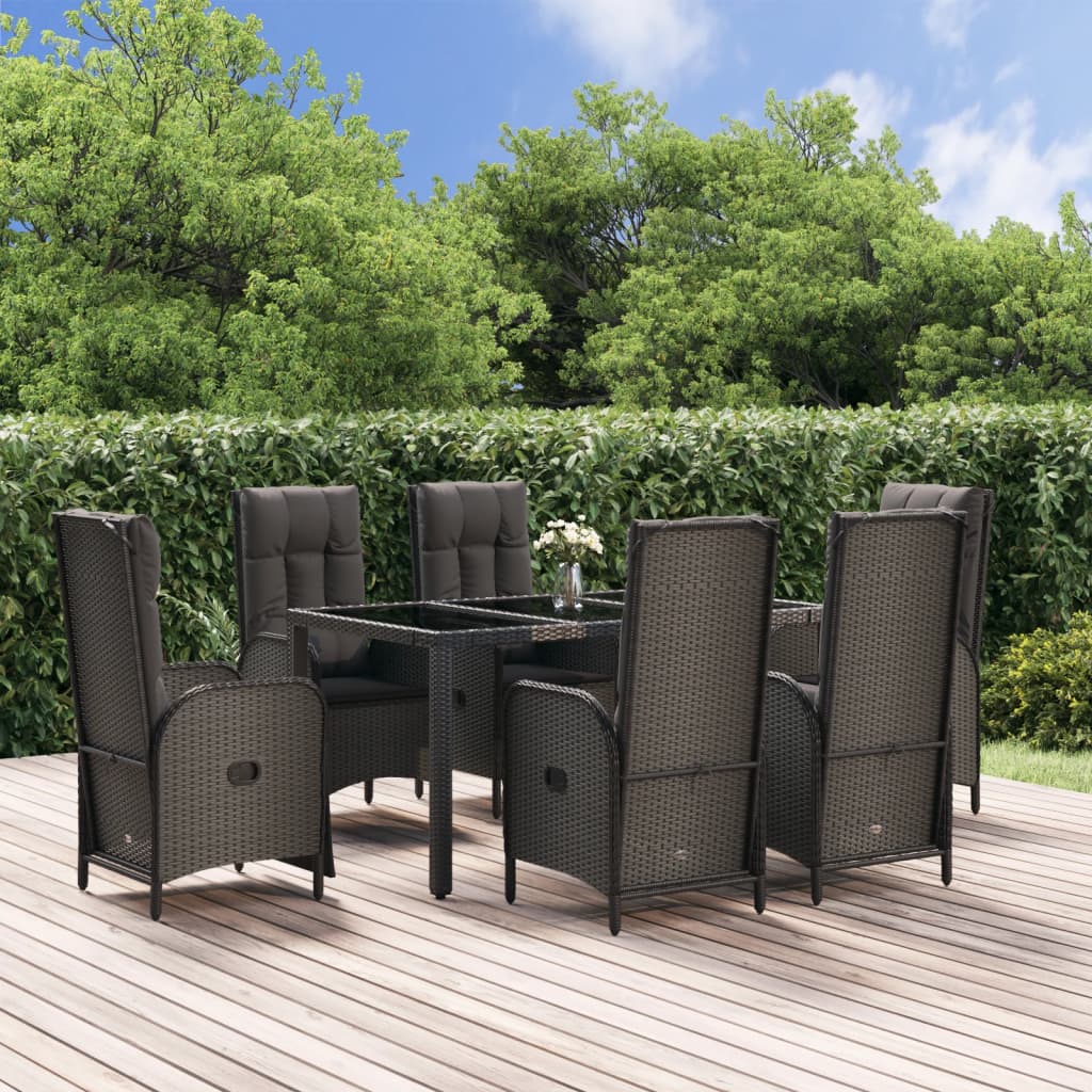 Set da Pranzo da Giardino 7 pz Nero con Cuscini in Polyrattan | homemem39