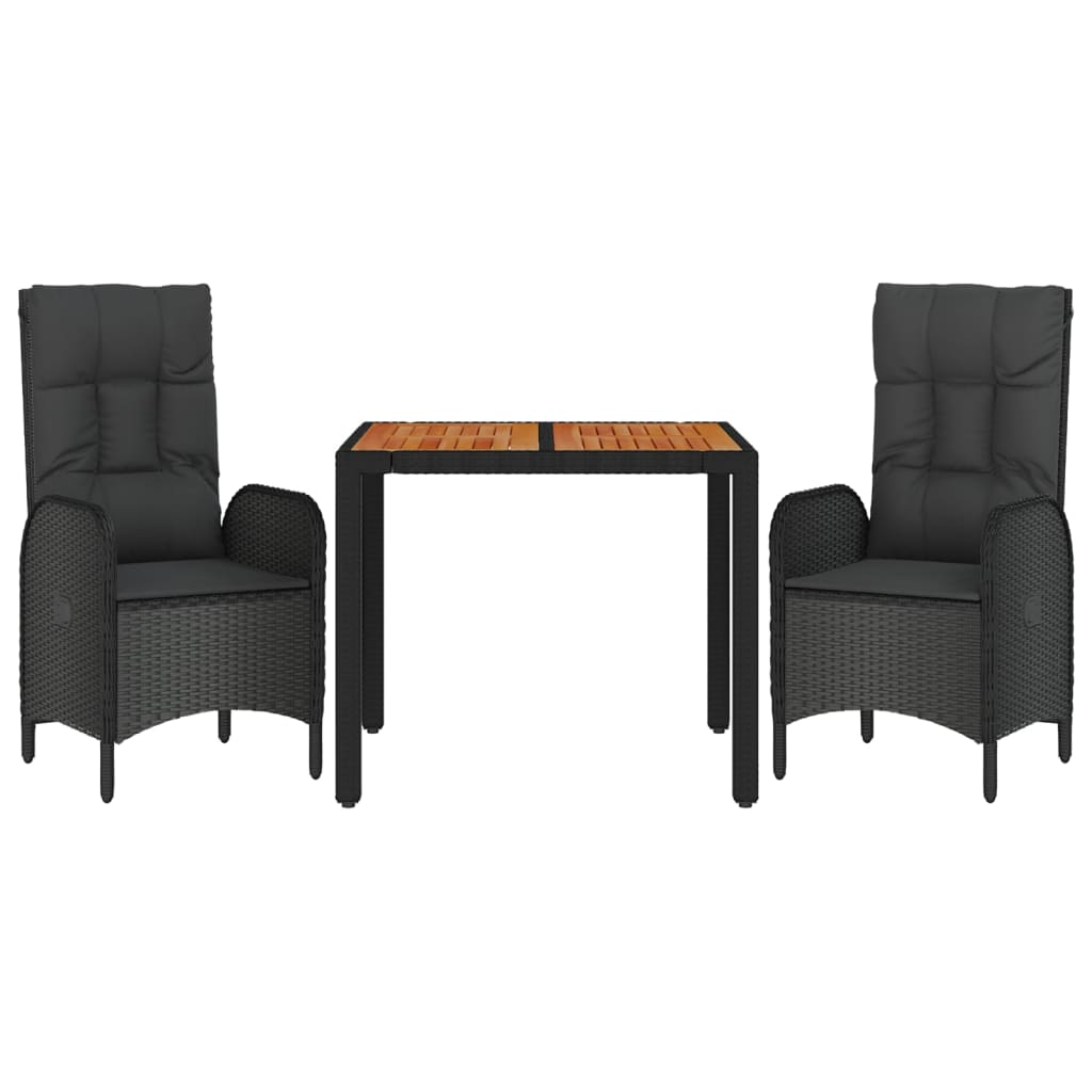 Set da Pranzo da Giardino 3 pz con Cuscini Nero in Polyrattan | homemem39
