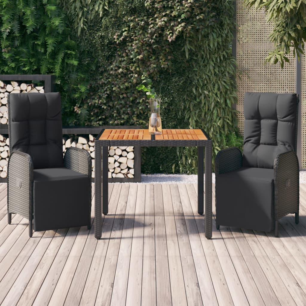Set da Pranzo da Giardino 3 pz con Cuscini Nero in Polyrattan - homemem39