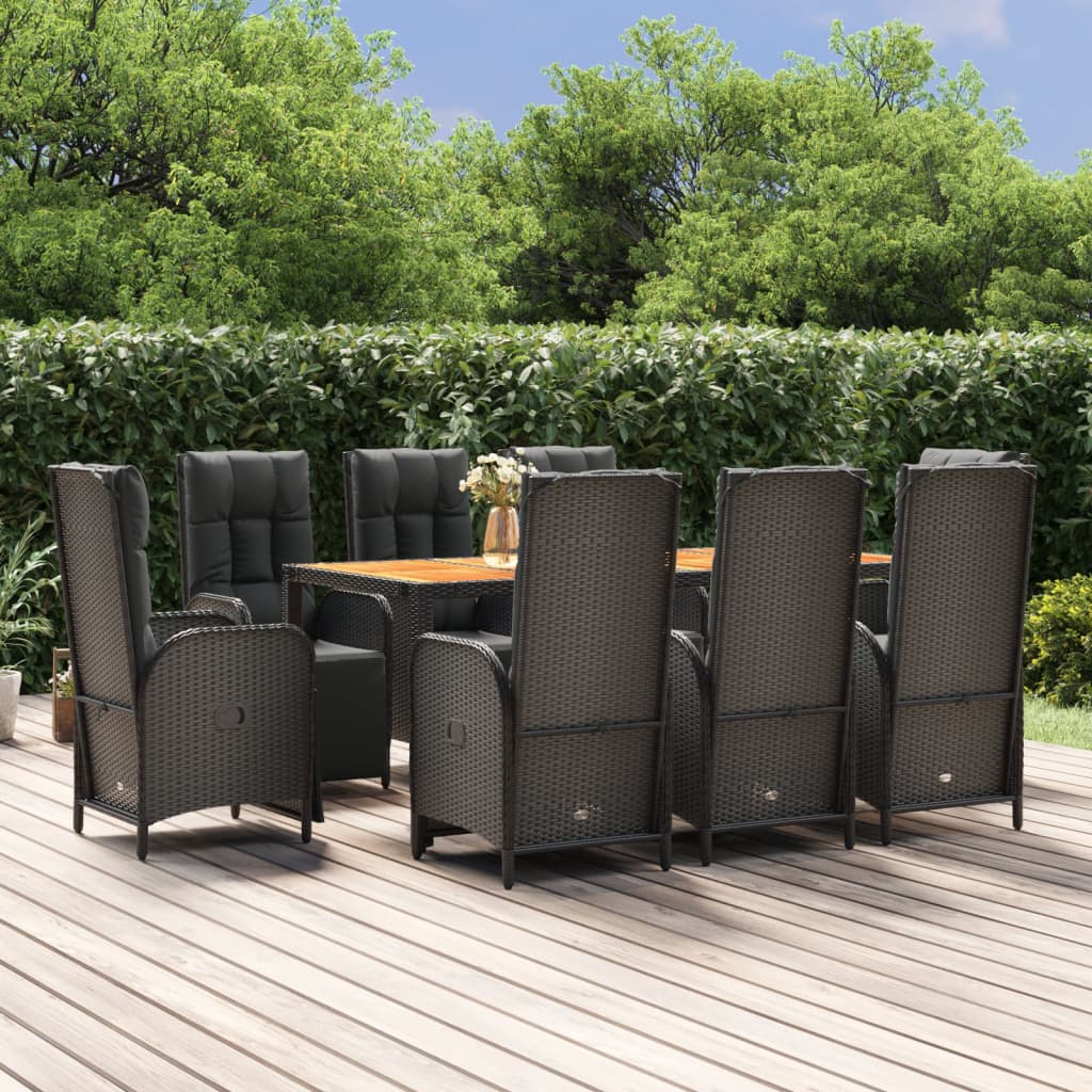 Set da Pranzo da Giardino 9 pz con Cuscini Nero in Polyrattan | homemem39
