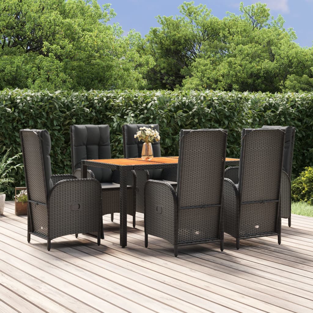 Set da Pranzo da Giardino 7 pz Nero con Cuscini in Polyrattan - homemem39