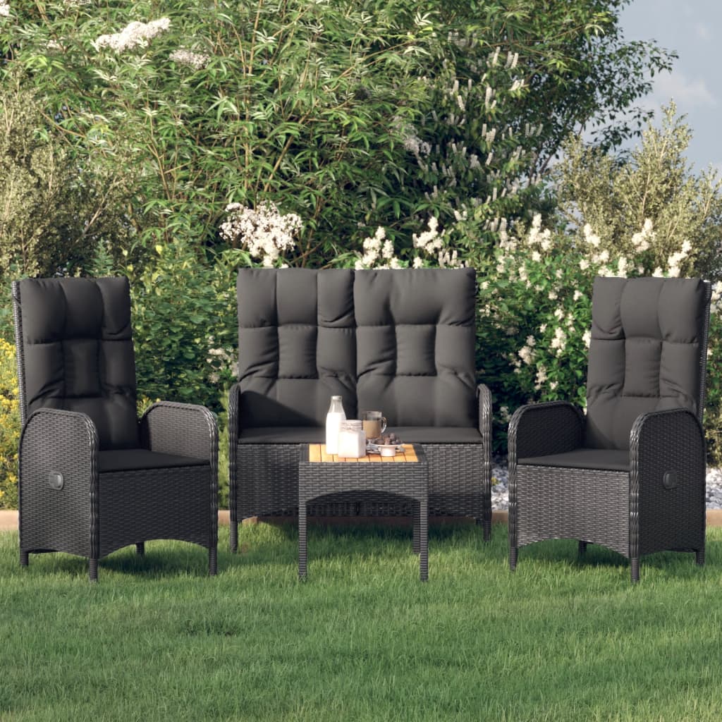 Set da Pranzo da Giardino 4 pz con Cuscini Nero in Polyrattan | homemem39