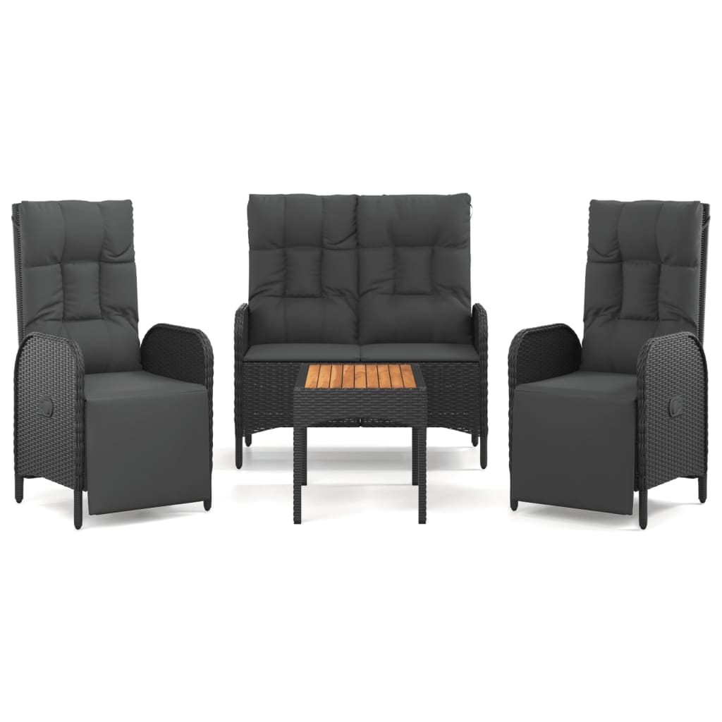 Set da Pranzo da Giardino 4 pz con Cuscini Nero in Polyrattan