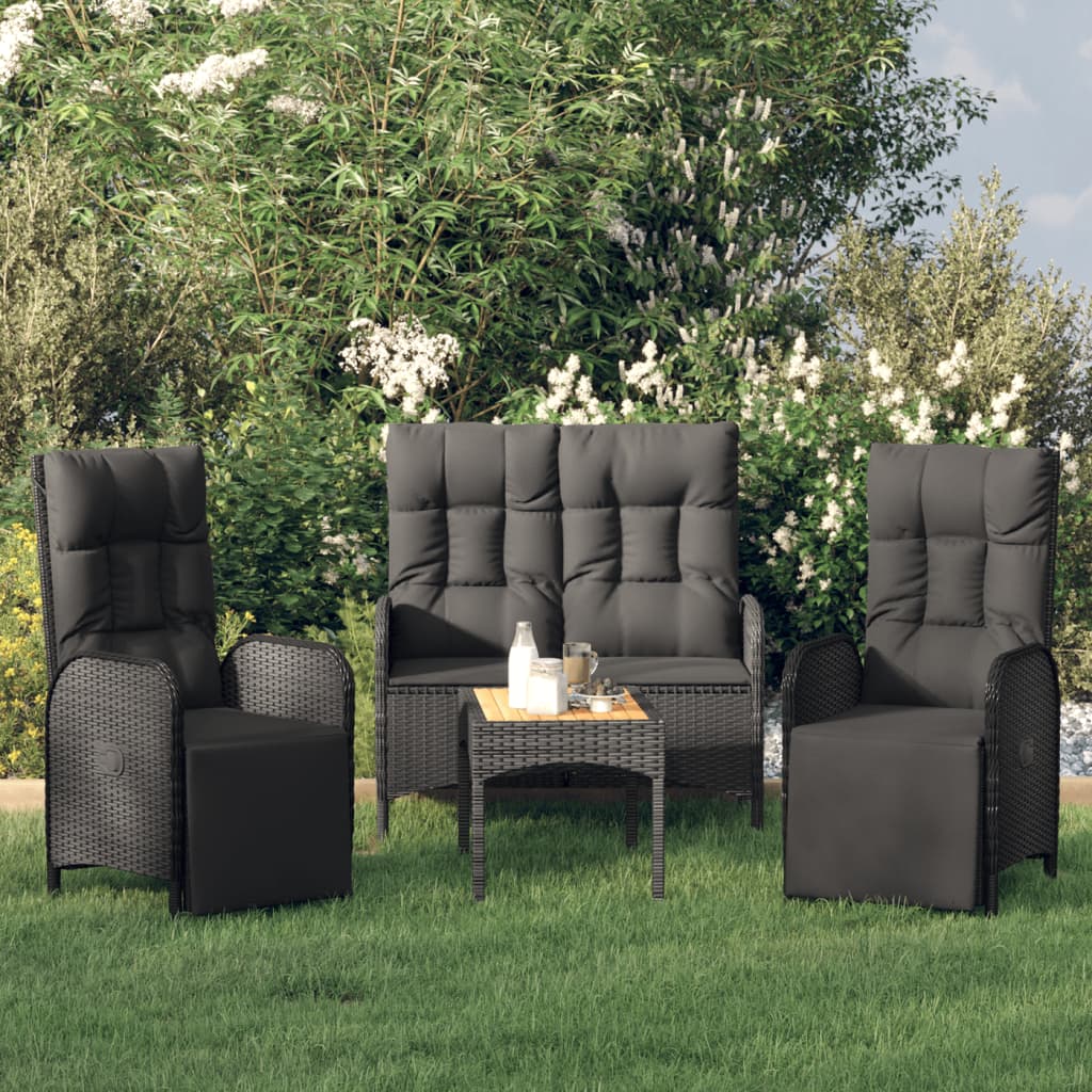 Set da Pranzo da Giardino 4 pz con Cuscini Nero in Polyrattan - homemem39