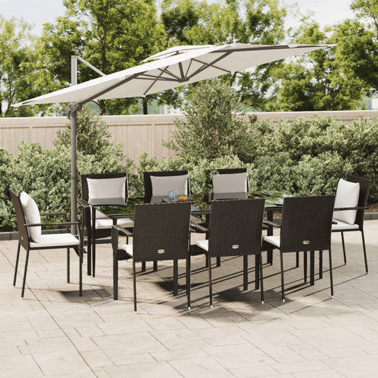 Set da Pranzo da Giardino 9 pz con Cuscini Nero in Polyrattan - homemem39