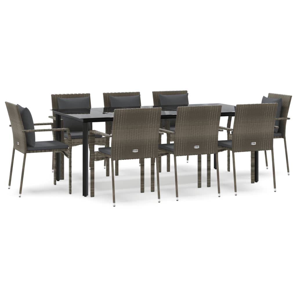 Set da Pranzo Giardino 9pz con Cuscini Nero e Grigio Polyrattan - homemem39