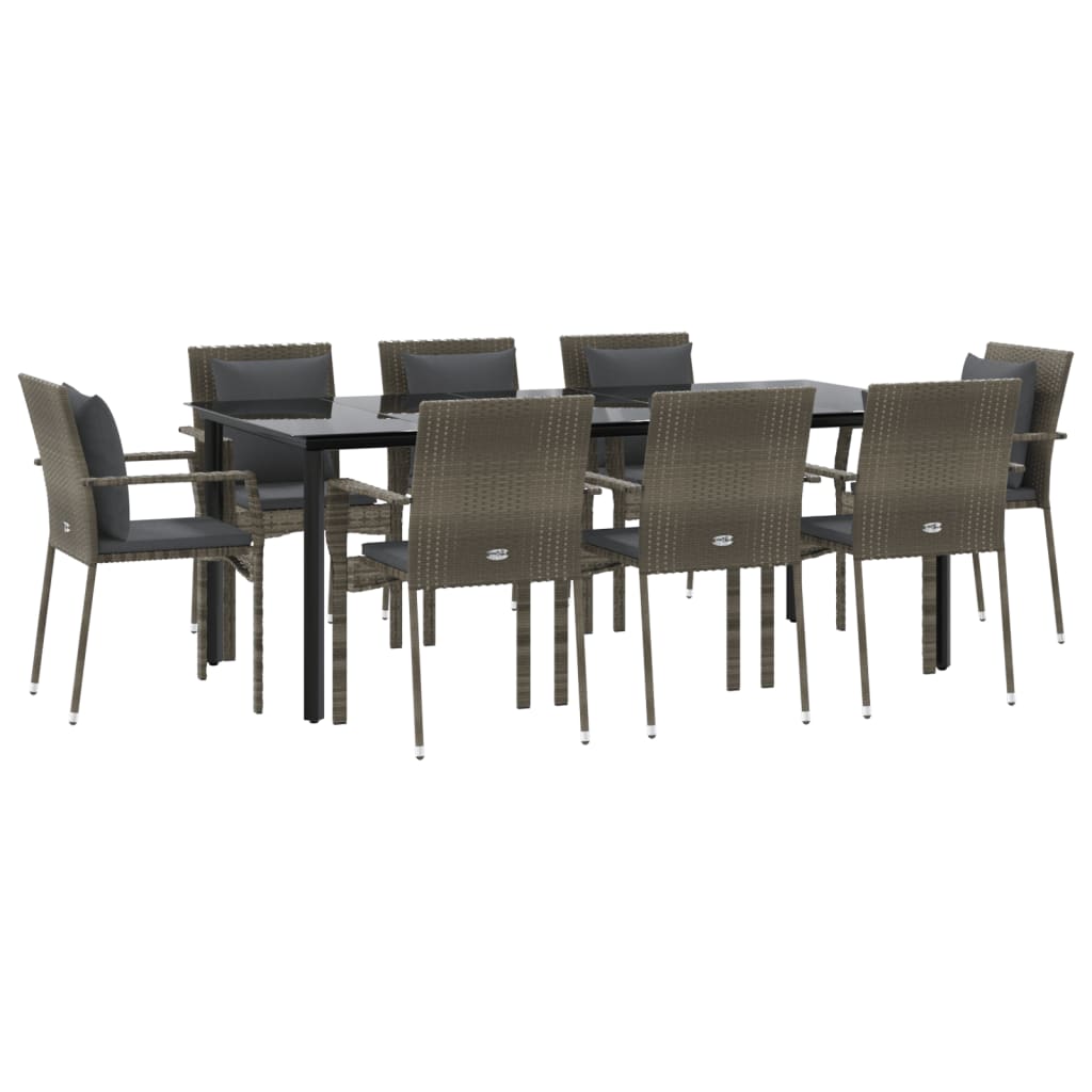 Set da Pranzo Giardino 9pz con Cuscini Nero e Grigio Polyrattan - homemem39