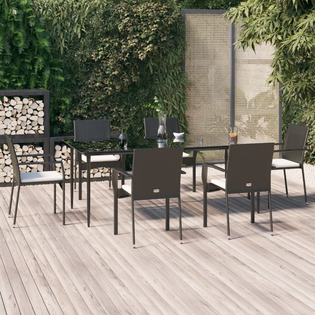 Set da Pranzo da Giardino 7 pz Nero con Cuscini in Polyrattan - homemem39