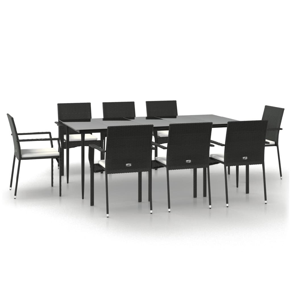Set da Pranzo da Giardino 9 pz con Cuscini Nero in Polyrattan - homemem39