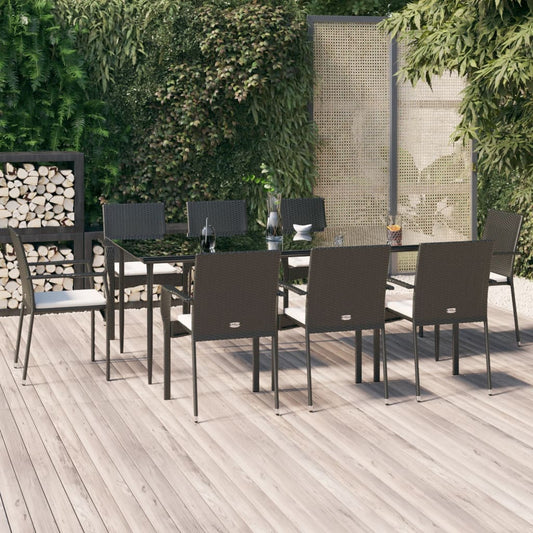 Set da Pranzo da Giardino 9 pz con Cuscini Nero in Polyrattan - homemem39