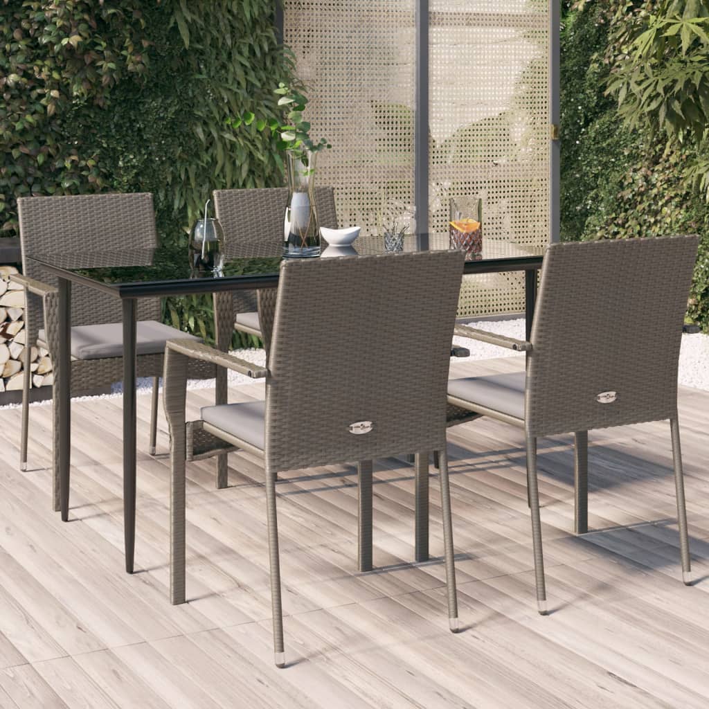 Set da Pranzo Giardino 5pz Nero e Grigio con Cuscini Polyrattan | homemem39