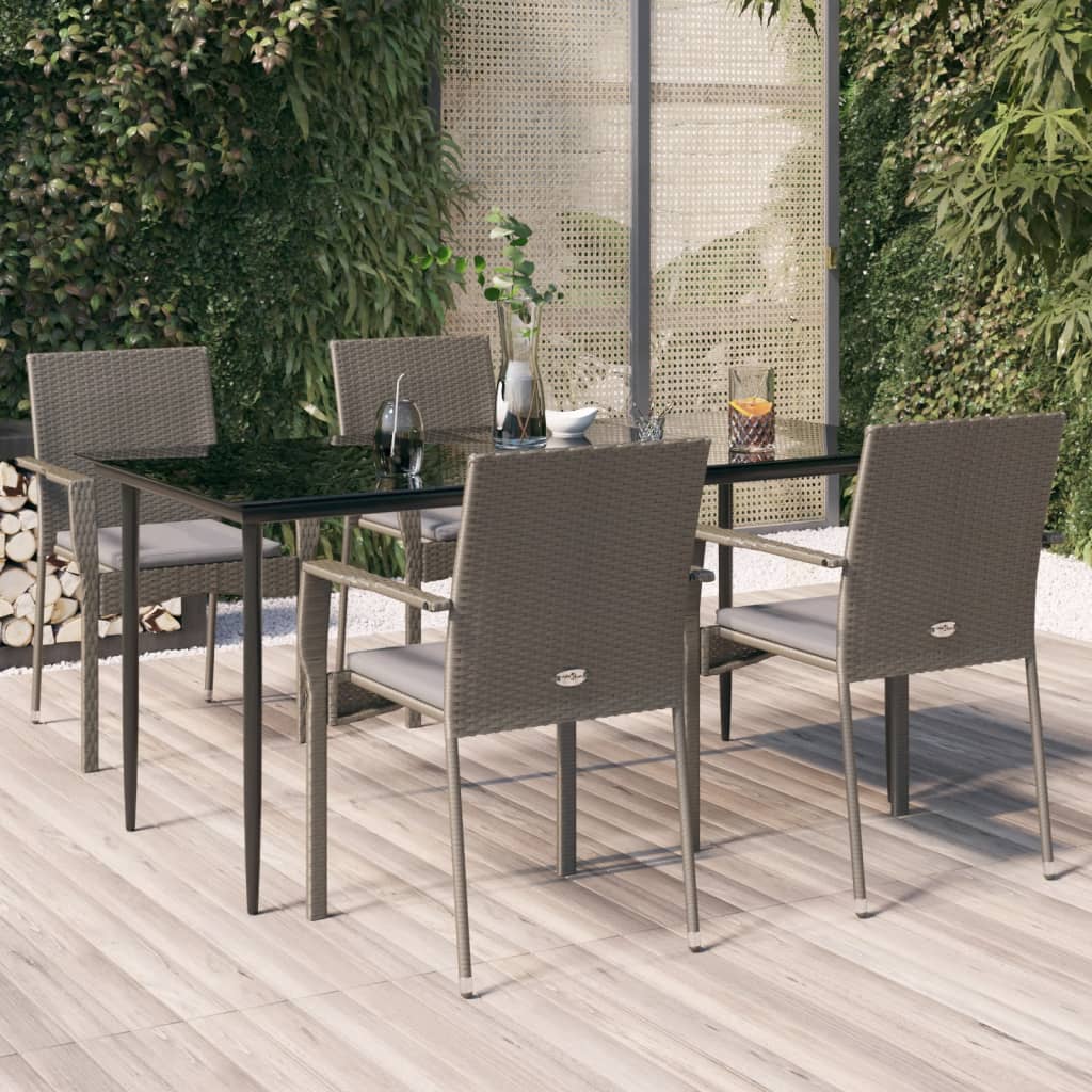 Set da Pranzo Giardino 5pz Nero e Grigio con Cuscini Polyrattan | homemem39