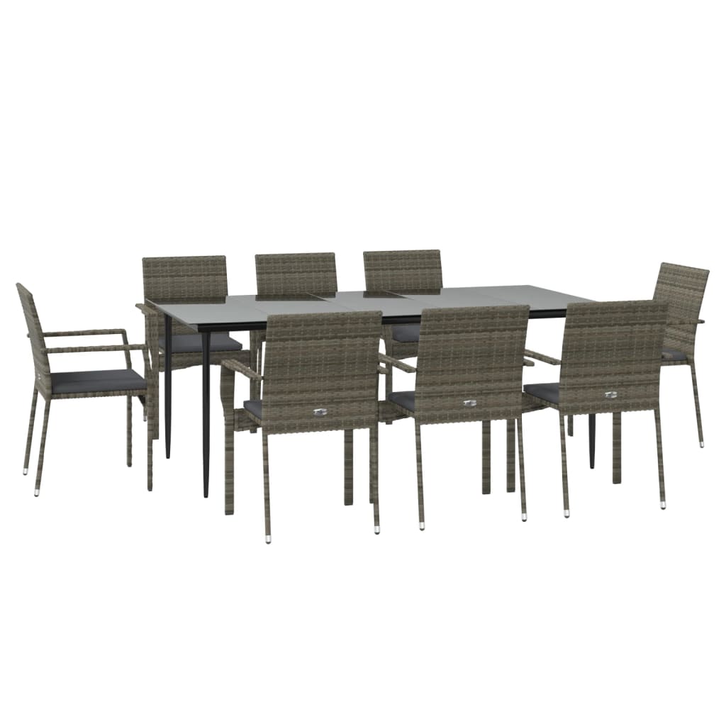 Set da Pranzo Giardino 9pz con Cuscini Nero e Grigio Polyrattan - homemem39