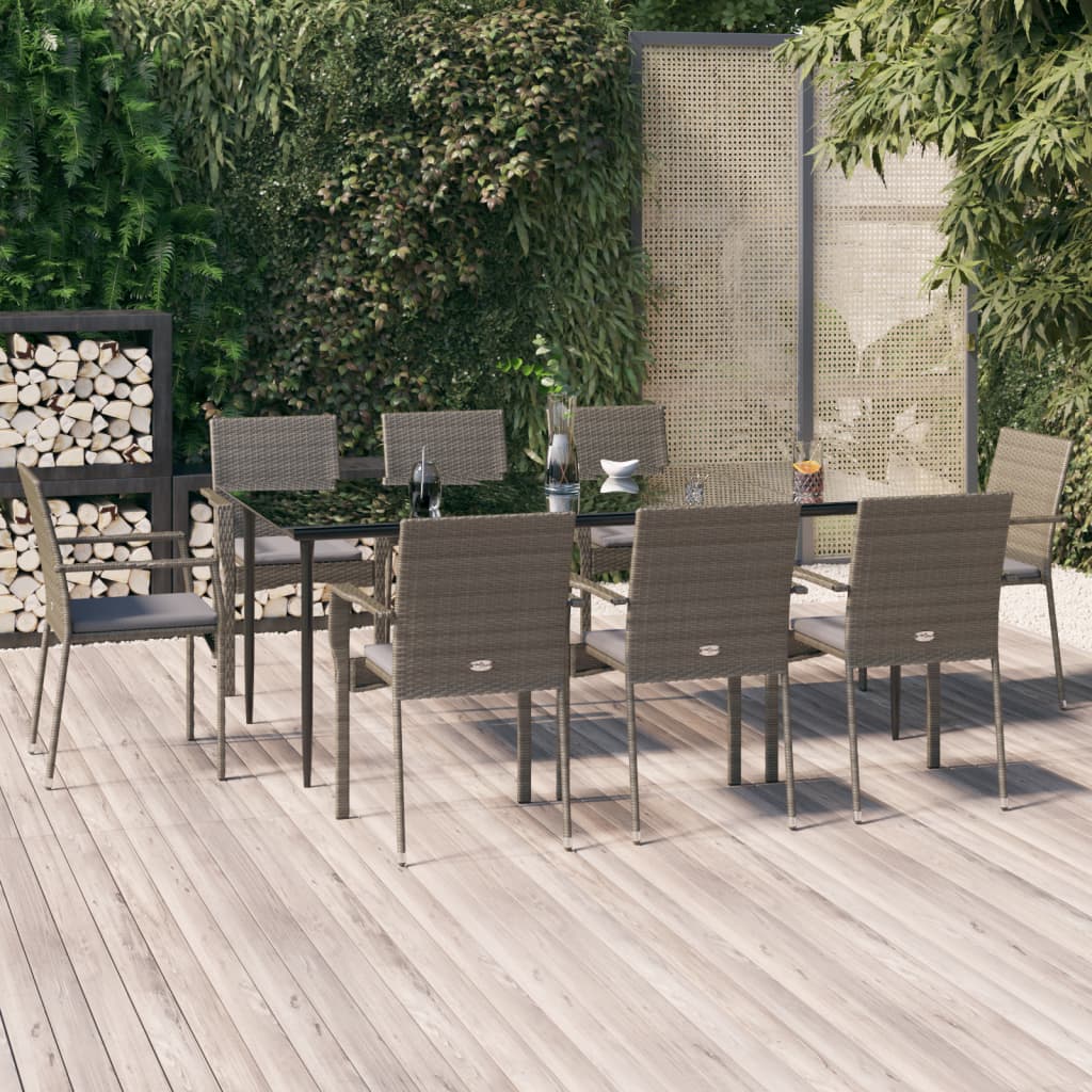 Set da Pranzo Giardino 9pz con Cuscini Nero e Grigio Polyrattan - homemem39