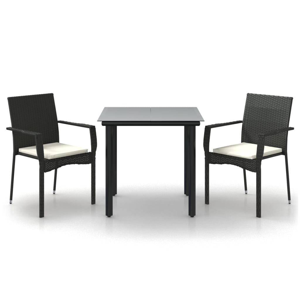 Set da Pranzo da Giardino 3 pz con Cuscini Nero in Polyrattan