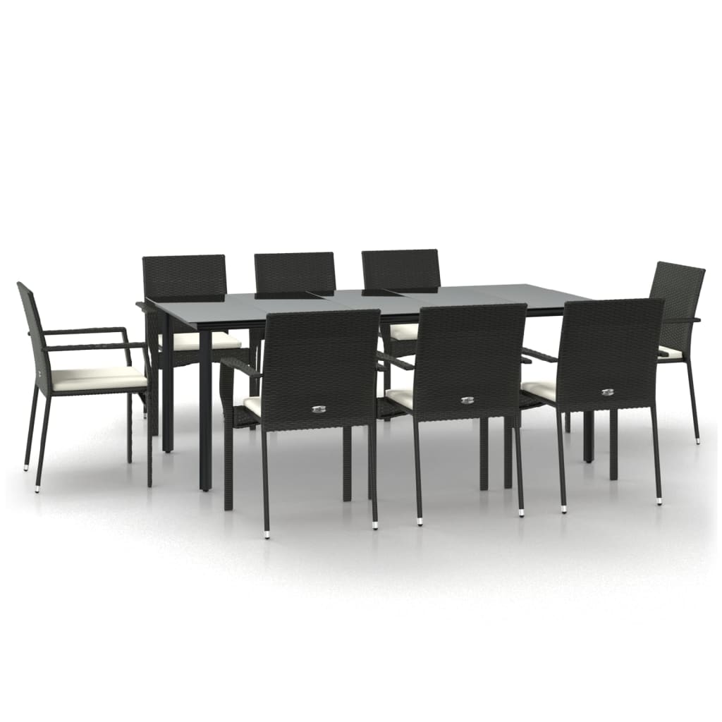 Set da Pranzo da Giardino 9 pz con Cuscini Nero in Polyrattan - homemem39