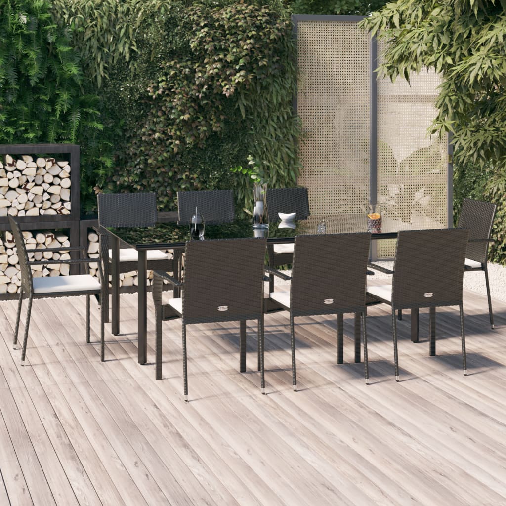 Set da Pranzo da Giardino 9 pz con Cuscini Nero in Polyrattan | homemem39