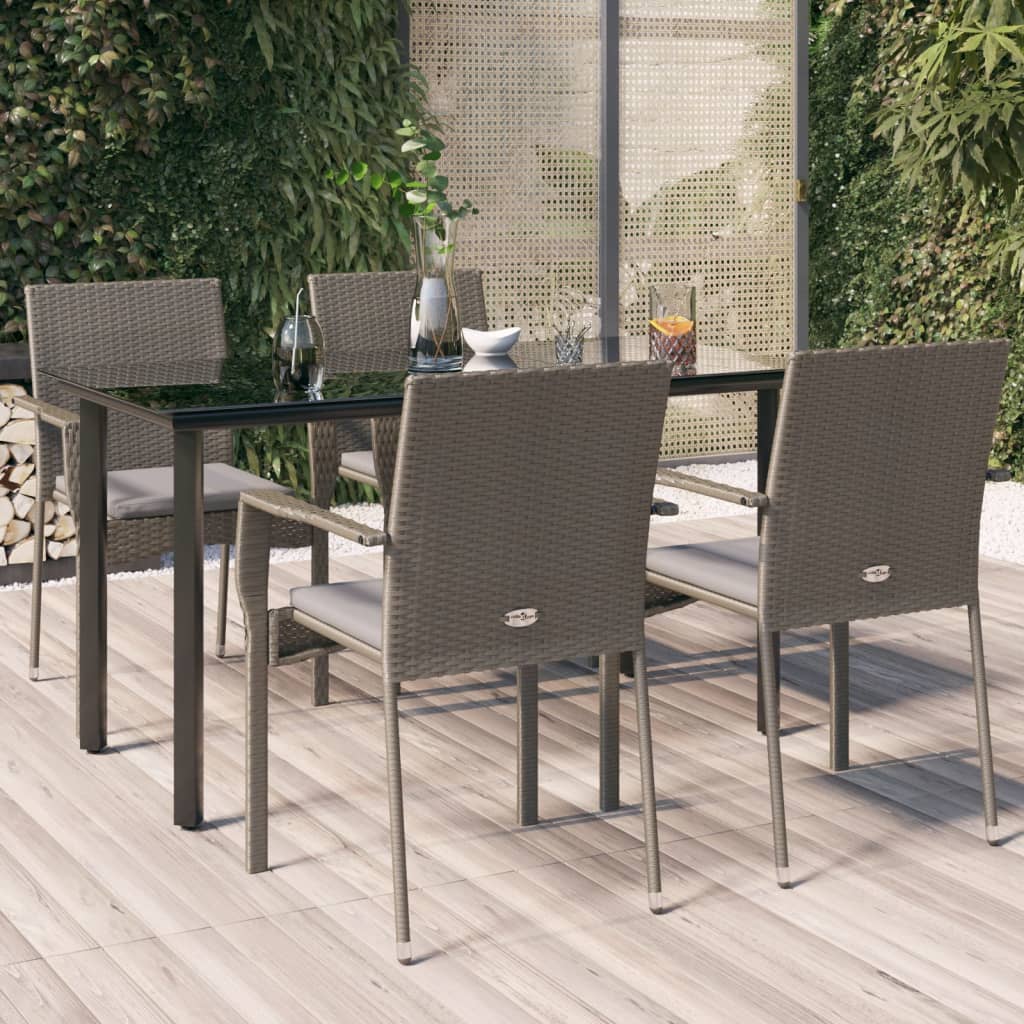 Set da Pranzo Giardino 5pz Nero e Grigio con Cuscini Polyrattan | homemem39