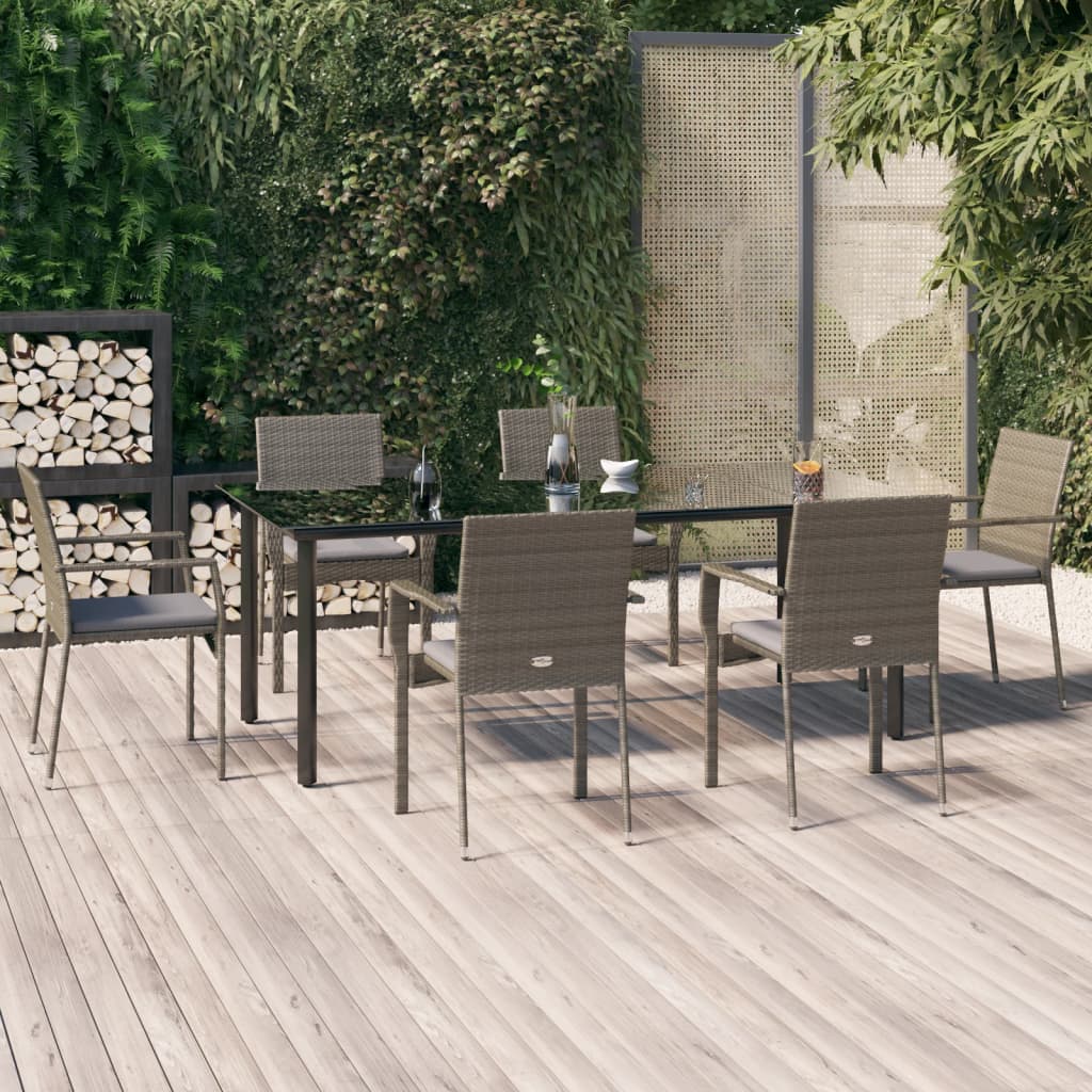Set da Pranzo Giardino 7pz Nero e Grigio con Cuscini Polyrattan - homemem39