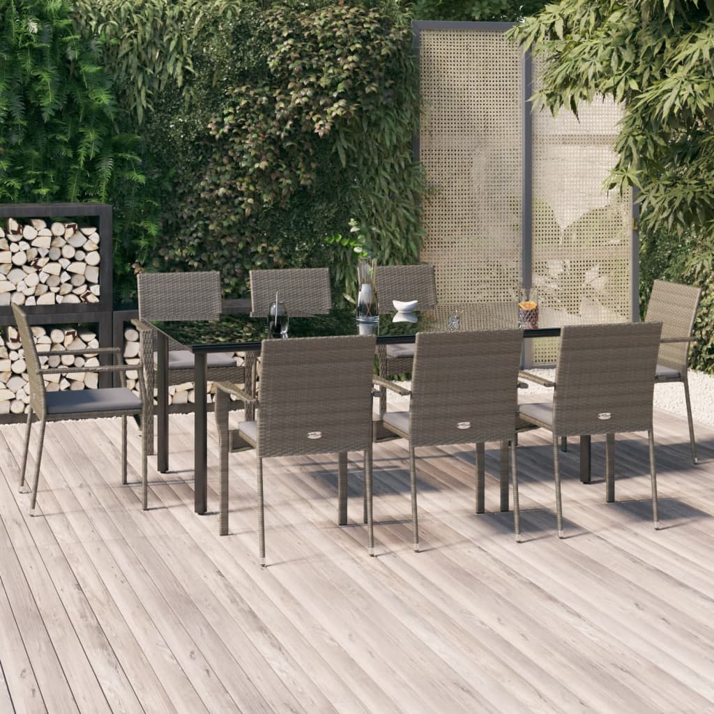 Set da Pranzo Giardino 9pz con Cuscini Nero e Grigio Polyrattan | homemem39