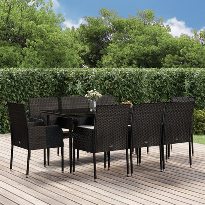 Set da Pranzo da Giardino 9 pz con Cuscini Nero in Polyrattan | homemem39
