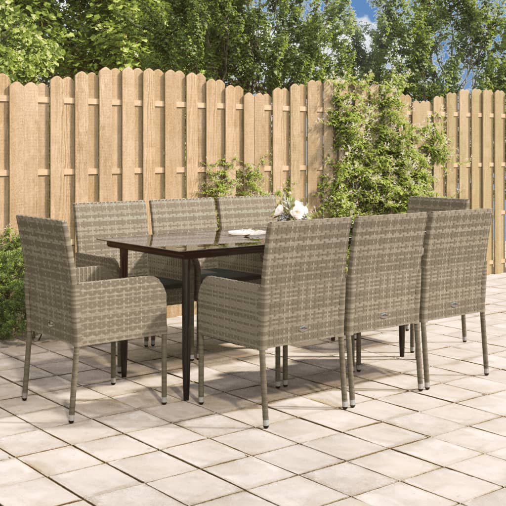 Set da Pranzo Giardino 9pz con Cuscini Nero e Grigio Polyrattan - homemem39