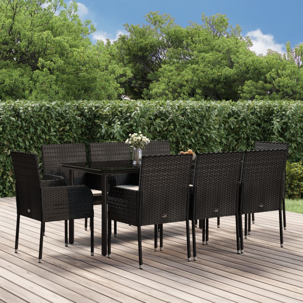 Set da Pranzo da Giardino 9 pz con Cuscini Nero in Polyrattan - homemem39