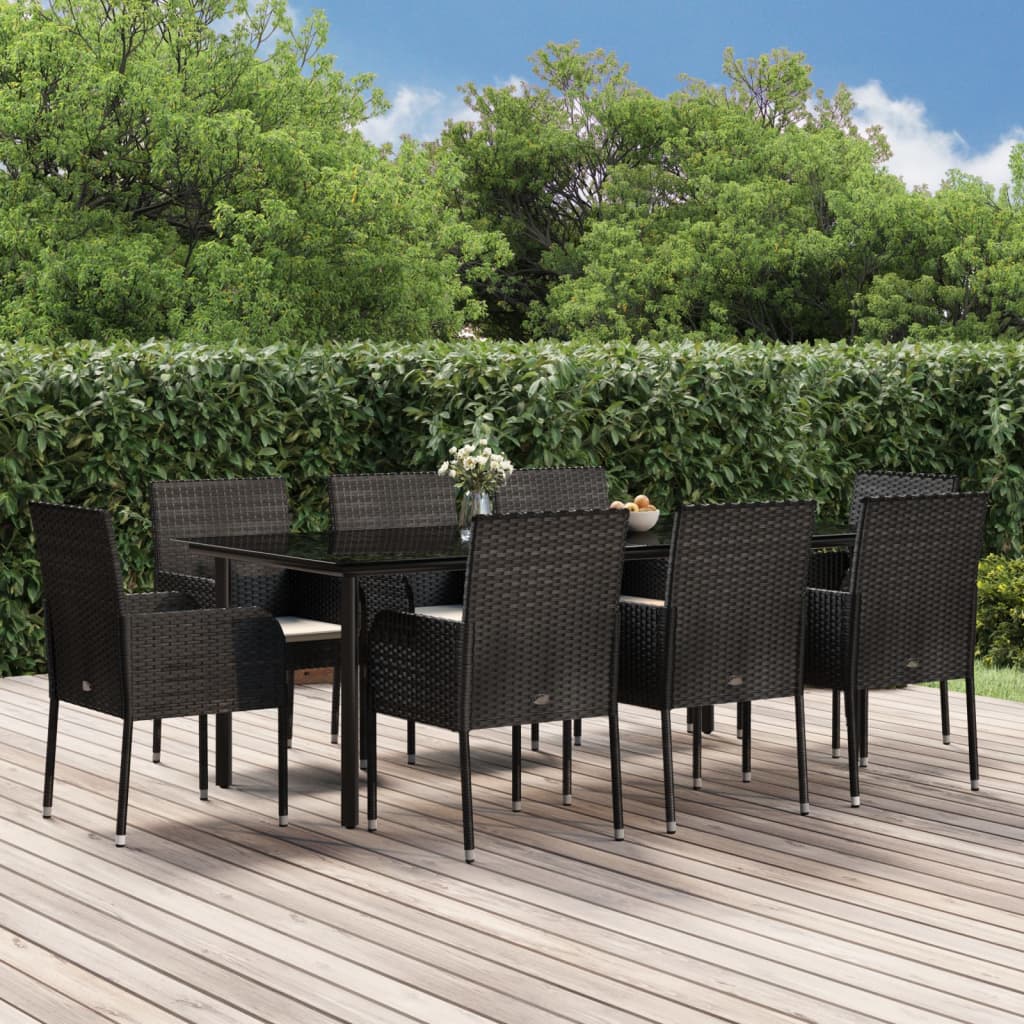 Set da Pranzo da Giardino 9 pz con Cuscini Nero in Polyrattan - homemem39