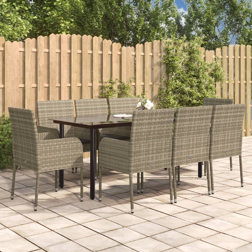 Set da Pranzo Giardino 9pz con Cuscini Nero e Grigio Polyrattan | homemem39